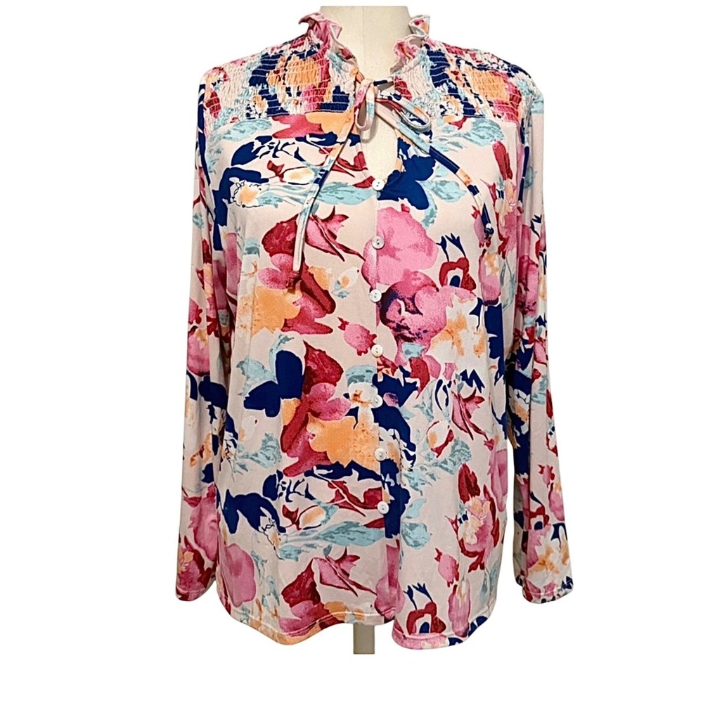 Blue Sol Floral Smocked Yoke Ruffle Neck Keyhole Tie Blouse XL Pink Blue